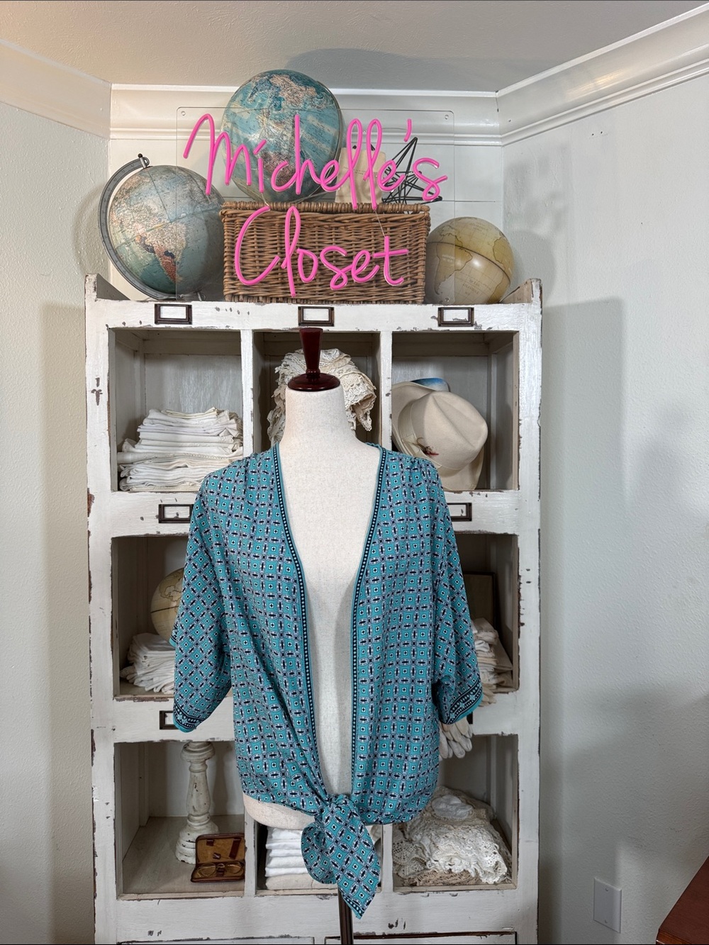 Max Studio Teal Patterned Tie-Front Shirt Jacket